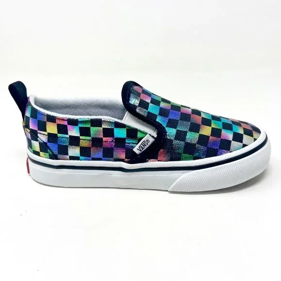 Vans Slip On V (Iridescent Check) Black White Toddler Baby Sneakers